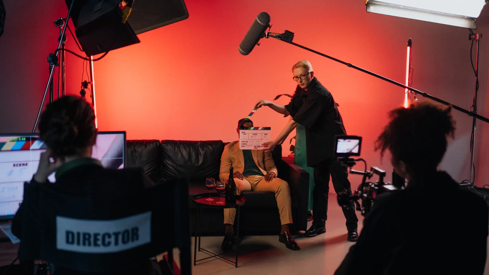 Filmmakers on set after successfully lowering production costs during pre-production.  